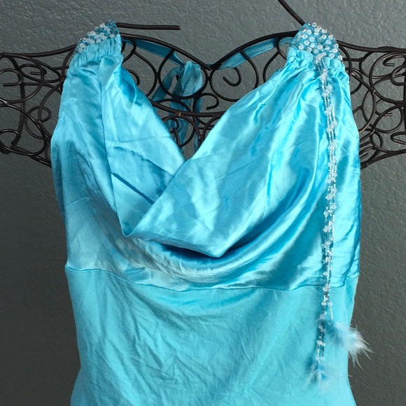 Bebe Blue Silk Tie Back Halter Top w Feathers - Picture 2 of 8